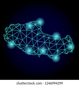 Glossy polygonal mesh map of Tibet with glow effect. Abstract mesh lines, triangles, light spots and points on dark background with map of Tibet.