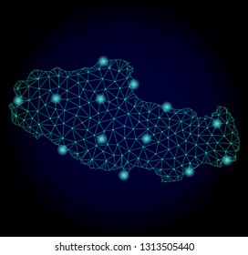 Glossy polygonal mesh map of Tibet. Abstract mesh lines, triangles, light spots and points on dark background with map of Tibet.