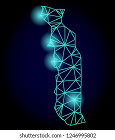 Glossy polygonal mesh map of Togo with glare effect. Abstract mesh lines, triangles, light spots and points on dark background with map of Togo.