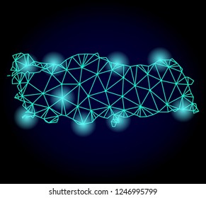 Glossy polygonal mesh map of Turkey with glare effect. Abstract mesh lines, triangles, light spots and points on dark background with map of Turkey.
