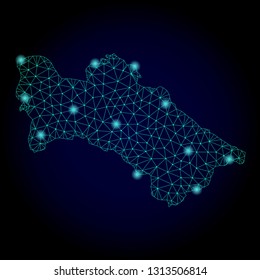 Glossy polygonal mesh map of Turkmenistan. Abstract mesh lines, triangles, light spots and points on dark background with map of Turkmenistan.