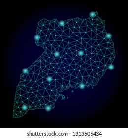 Glossy polygonal mesh map of Uganda. Abstract mesh lines, triangles, light spots and points on dark background with map of Uganda.