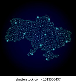 Glossy polygonal mesh map of Ukraine. Abstract mesh lines, triangles, light spots and points on dark background with map of Ukraine.