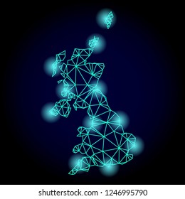 Glossy polygonal mesh map of United Kingdom with glow effect. Abstract mesh lines, triangles, light spots and points on dark background with map of United Kingdom.