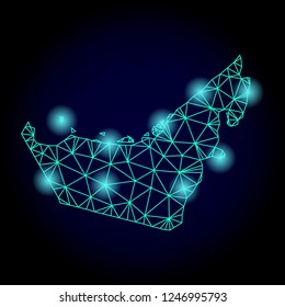 Glossy polygonal mesh map of United Arab Emirates with glare effect. Abstract mesh lines, triangles, light spots and points on dark background with map of United Arab Emirates.