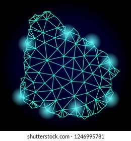 Glossy polygonal mesh map of Uruguay with glare effect. Abstract mesh lines, triangles, light spots and points on dark background with map of Uruguay.