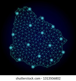 Glossy polygonal mesh map of Uruguay. Abstract mesh lines, triangles, light spots and points on dark background with map of Uruguay.