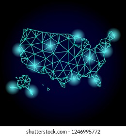 Glossy polygonal mesh map of USA territories with glare effect. Abstract mesh lines, triangles, light spots and points on dark background with map of USA territories.
