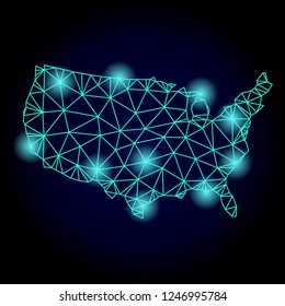 Glossy polygonal mesh map of USA with glow effect. Abstract mesh lines, triangles, light spots and points on dark background with map of USA.