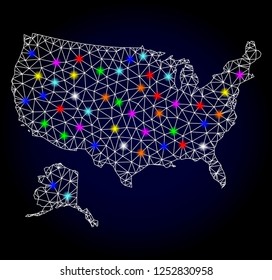 Glossy polygonal mesh map of USA and Alaska with glare effect. Vector carcass map of USA and Alaska with glowing multi colored points for Christmas templates. White mesh lines. Dark blue background.