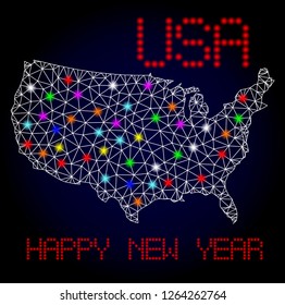 Glossy polygonal mesh map of USA with glare effect. Vector carcass map of USA with glowing multi colored dots for New Year purposes. White mesh lines. Dark blue background. Constellation effect.