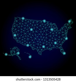 Glossy polygonal mesh map of USA territories. Abstract mesh lines, triangles, light spots and points on dark background with map of USA territories.
