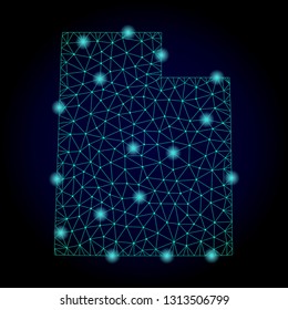 Glossy polygonal mesh map of Utah State. Abstract mesh lines, triangles, light spots and points on dark background with map of Utah State.