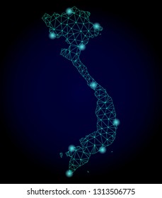 Glossy polygonal mesh map of Vietnam. Abstract mesh lines, triangles, light spots and points on dark background with map of Vietnam.