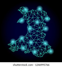 Glossy polygonal mesh map of Wales with glow effect. Abstract mesh lines, triangles, light spots and points on dark background with map of Wales.