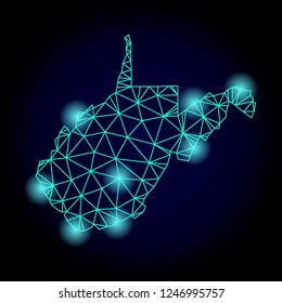 Glossy polygonal mesh map of West Virginia State with glare effect. Abstract mesh lines, triangles, light spots and points on dark background with map of West Virginia State.