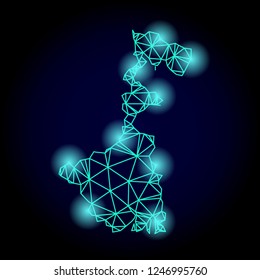 Glossy polygonal mesh map of West Bengal State with glare effect. Abstract mesh lines, triangles, light spots and points on dark background with map of West Bengal State.