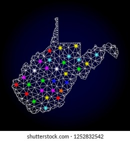 Glossy polygonal mesh map of West Virginia State with glow effect. Vector carcass map of West Virginia State with glowing multi colored dots for Christmas templates. White mesh lines.