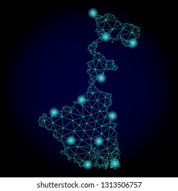 Glossy polygonal mesh map of West Bengal State. Abstract mesh lines, triangles, light spots and points on dark background with map of West Bengal State.