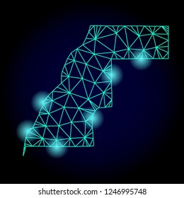 Glossy polygonal mesh map of Western Sahara with glow effect. Abstract mesh lines, triangles, light spots and points on dark background with map of Western Sahara.