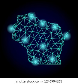 Glossy polygonal mesh map of Wisconsin State with glow effect. Abstract mesh lines, triangles, light spots and points on dark background with map of Wisconsin State.