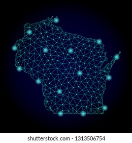 Glossy polygonal mesh map of Wisconsin State. Abstract mesh lines, triangles, light spots and points on dark background with map of Wisconsin State.