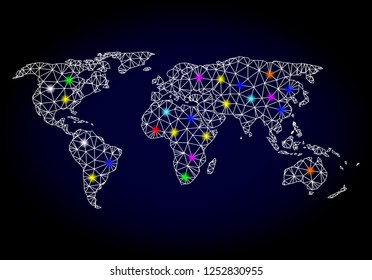 Glossy polygonal mesh map of world with glare effect. Vector carcass map of world with glowing multi colored spheres for New Year purposes. White mesh lines. Dark blue background.