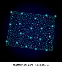 Glossy polygonal mesh map of Wyoming State. Abstract mesh lines, triangles, light spots and points on dark background with map of Wyoming State.