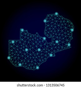 Glossy polygonal mesh map of Zambia. Abstract mesh lines, triangles, light spots and points on dark background with map of Zambia.