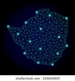 Glossy polygonal mesh map of Zimbabwe. Abstract mesh lines, triangles, light spots and points on dark background with map of Zimbabwe.