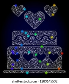 Glossy polygonal mesh marriage cake icon with glow effect on a dark background. Carcass marriage cake iconic vector with glowing multi colored dots in spectrum colors. Abstract white mesh lines,
