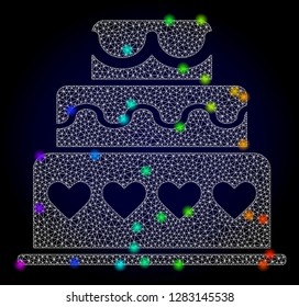 Glossy polygonal mesh marriage cake icon with glare effect on a dark background. Carcass marriage cake iconic vector with glamour multi colored spheres in spectrum colors. Abstract white mesh lines,