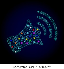 Glossy polygonal mesh megaphone icon with glow effect on a dark background. Carcass megaphone iconic vector with glitter multi colored points for Christmas illustrations.