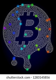 Glossy polygonal mesh melting bitcoin icon with glow effect on a dark background. Carcass melting bitcoin iconic vector with flash multi colored points in rainbow colors. Abstract white mesh lines,