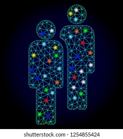 Glossy polygonal mesh men icon with glow effect on a dark background. Carcass men iconic vector with glitter multi colored dots for Christmas posters. Abstract light blue mesh lines, triangles,