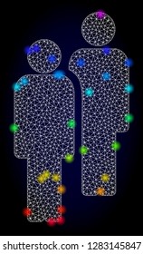 Glossy polygonal mesh men icon with glow effect on a dark background. Carcass men iconic vector with glowing multi colored points in spectrum colors. Abstract white mesh lines,