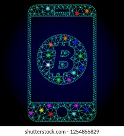 Glossy polygonal mesh mobile bitcoin bank icon with glow effect on a dark background. Carcass mobile bitcoin bank iconic vector with glowing multicolored spheres for Christmas illustrations.