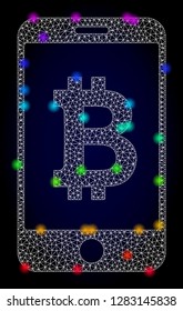 Glossy polygonal mesh mobile bitcoin bank icon with glare effect on a dark background. Carcass mobile bitcoin bank iconic vector with glitter multi colored dots in rainbow colors.