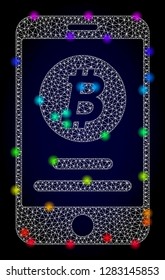 Glossy polygonal mesh mobile bitcoin account icon with glare effect on a dark background. Carcass mobile bitcoin account iconic vector with glowing multi colored dots in spectrum colors.