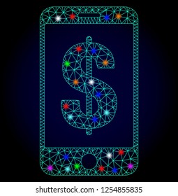 Glossy polygonal mesh mobile dollar bank icon with glare effect on a dark background. Carcass mobile dollar bank iconic vector with flash colorful spheres for Christmas posters.