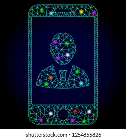 Glossy polygonal mesh mobile user profile icon with glare effect on a dark background. Carcass mobile user profile iconic vector with illuminated multi colored dots for New Year posters.