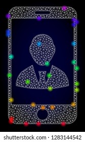 Glossy polygonal mesh mobile user profile icon with glare effect on a dark background. Carcass mobile user profile iconic vector with glamour multi colored points in rainbow colors.