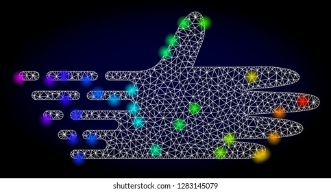 Glossy polygonal mesh moving hand icon with glow effect on a dark background. Carcass moving hand iconic vector with flash multi colored dots in rainbow colors. Abstract white mesh lines,