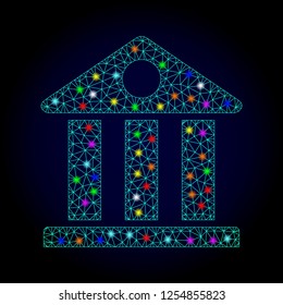 Glossy polygonal mesh museum icon with glare effect on a dark background. Carcass museum iconic vector with flash multicolored spheres for Christmas posters. Abstract light blue mesh lines, triangles,