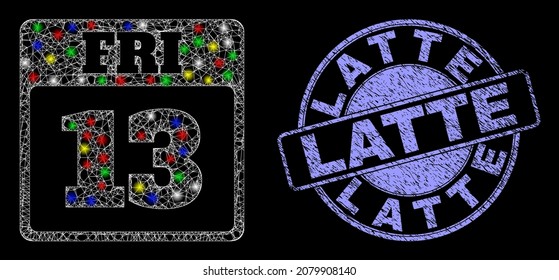 Glossy polygonal mesh net 13th Friday calendar page icon with glitter effect on a black background with Latte scratched stamp. Illuminated vector mesh created from 13th Friday calendar page icon,
