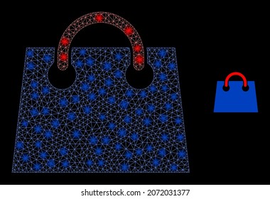 Glossy polygonal mesh net airport shopping bag icon with glitter effect on a black background. Wire frame airport shopping bag iconic vector with illuminated points in majestic colors.