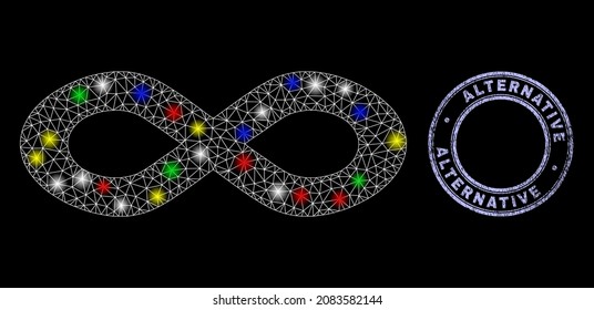 Glossy polygonal mesh net alternative infinity icon with glare effect on a black background with Alternative unclean seal imitation. Illuminated vector mesh created from alternative infinity icon,