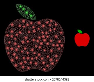 Glossy polygonal mesh net apple icon with glare effect on a black background. Carcass apple iconic vector with glowing dots in vibrant colors. Abstraction flat mesh built from polygonal grid,