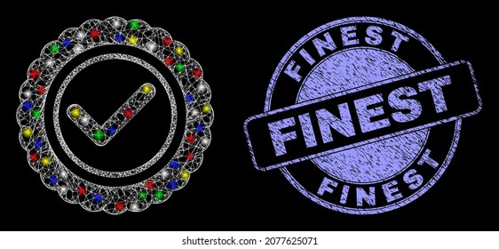 Glossy polygonal mesh net approve seal icon with glare effect on a black background, and Finest dirty stamp seal. Illuminated vector model created from approve seal pictogram,