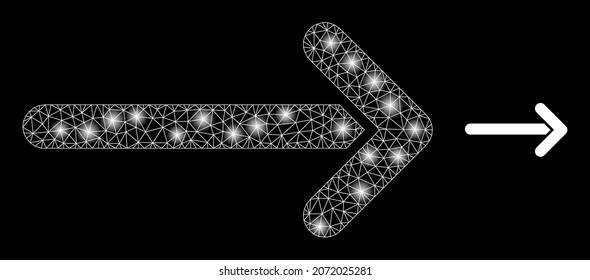 Icono derecho de la flecha de la red de malla poligonal brillante con efecto de brillo sobre un fondo negro. Flecha de red vector icónico derecho con puntos de flash en colores vibrantes.